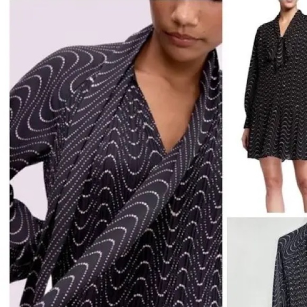 NWOT Kate spade Black/tan Long-Sleeve Bow-Neck Dress with Wave Dot Pattern